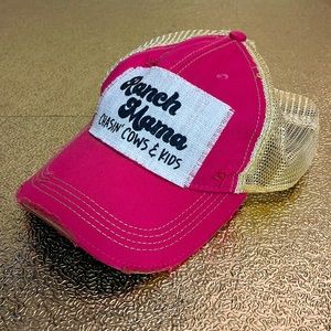 Hot, pink, distressed, handmade, patch on hat. “Ranch mama”